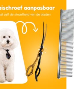 Professor Q Trimschaar voor honden, omlaag gebogen – met brons etui – anti-klitkam – goud/zwart
