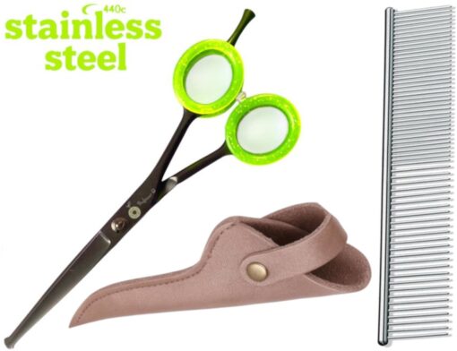 Professor Q Trimschaar voor honden – met brons etui – anti-klitkam – 14 cm – zwart/groen