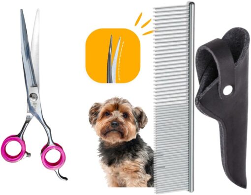 Professor Q Trimschaar voor honden, omhoog gebogen – met zwart etui – anti-klitkam – 7,5 inch – roze