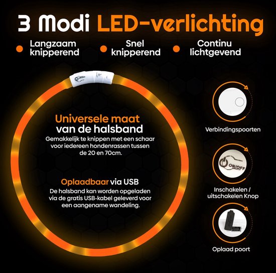 Professor Q LED-halsband voor honden – M – 100 poepzakjes – oranje - detailfoto 3