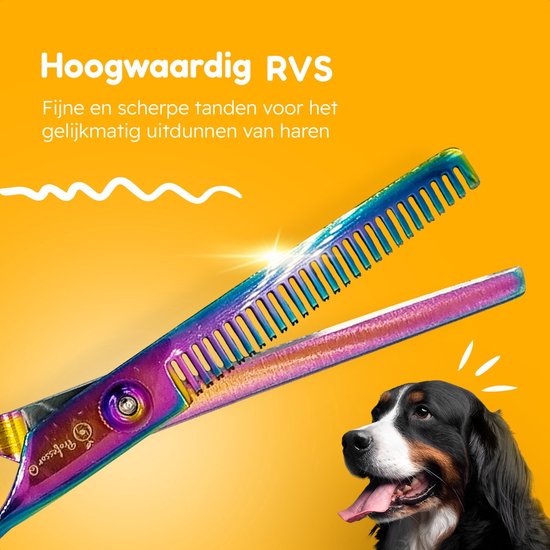 Professor Q Effileerschaar voor honden – met brons etui – rechtshandig – regenboog - detailfoto 2