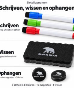 BlackBear Whiteboard accessoires set – 8 stiften in 8 kleuren – 10 zwarte magneten – wisser zwart – 19-delig - detailfoto 2