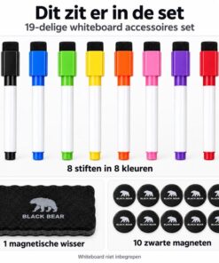 BlackBear Whiteboard accessoires set – 8 stiften in 8 kleuren – 10 zwarte magneten – wisser zwart – 19-delig - detailfoto 3