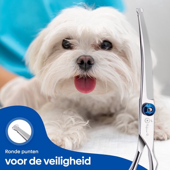 Professor Q Gebogen trimschaar voor honden – met brons etui – anti-klitkam – linkshandig – blauw - detailfoto 3