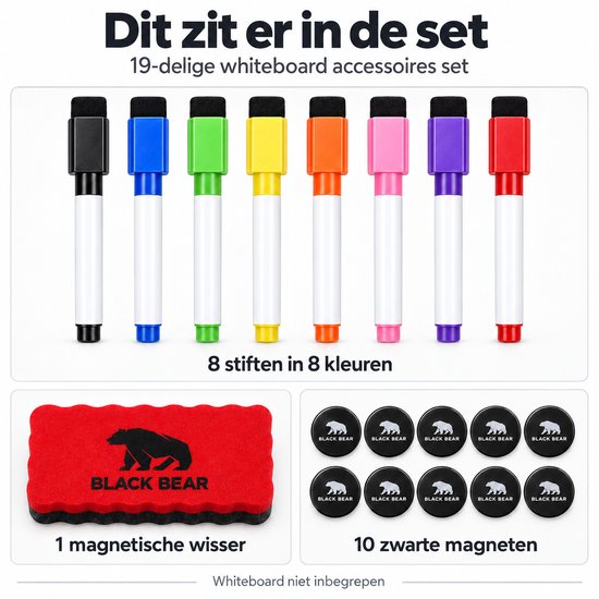 BlackBear Whiteboard accessoires set – 8 stiften in 8 kleuren – 10 zwarte magneten – wisser rood – 19-delig - detailfoto 3