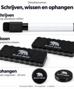 BlackBear Whiteboard accessoires set – 16 zwarte stiften – 10 zwarte magneten – 2 wissers – 28-delig - detailfoto 2