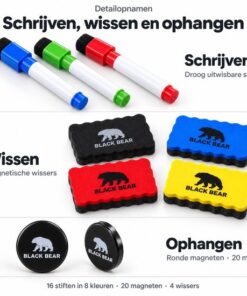 BlackBear Whiteboard accessoires set – 16 stiften in 8 kleuren – 20 zwarte magneten – 4 wissers – 40-delig - detailfoto 2