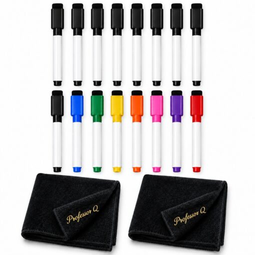 BlackBear & Professor Q Whiteboard Marker Set - 8 Zwarte en 8 Kleurenstiften - 2 Magnetische Doeken - 18-delig