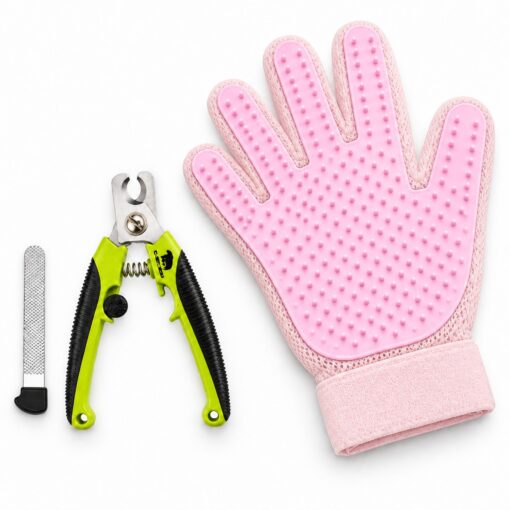 BlackBear & Professor Q Kattenverzorgingsset - Nagelknipper Groen met Vijl - Handschoen Lichtroze
