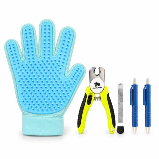 BlackBear & Professor Q Kattenverzorgingsset - Nagelknipper Geel met Vijl - Handschoen Lichtblauw - 2 Blauwe Tekenpincetten