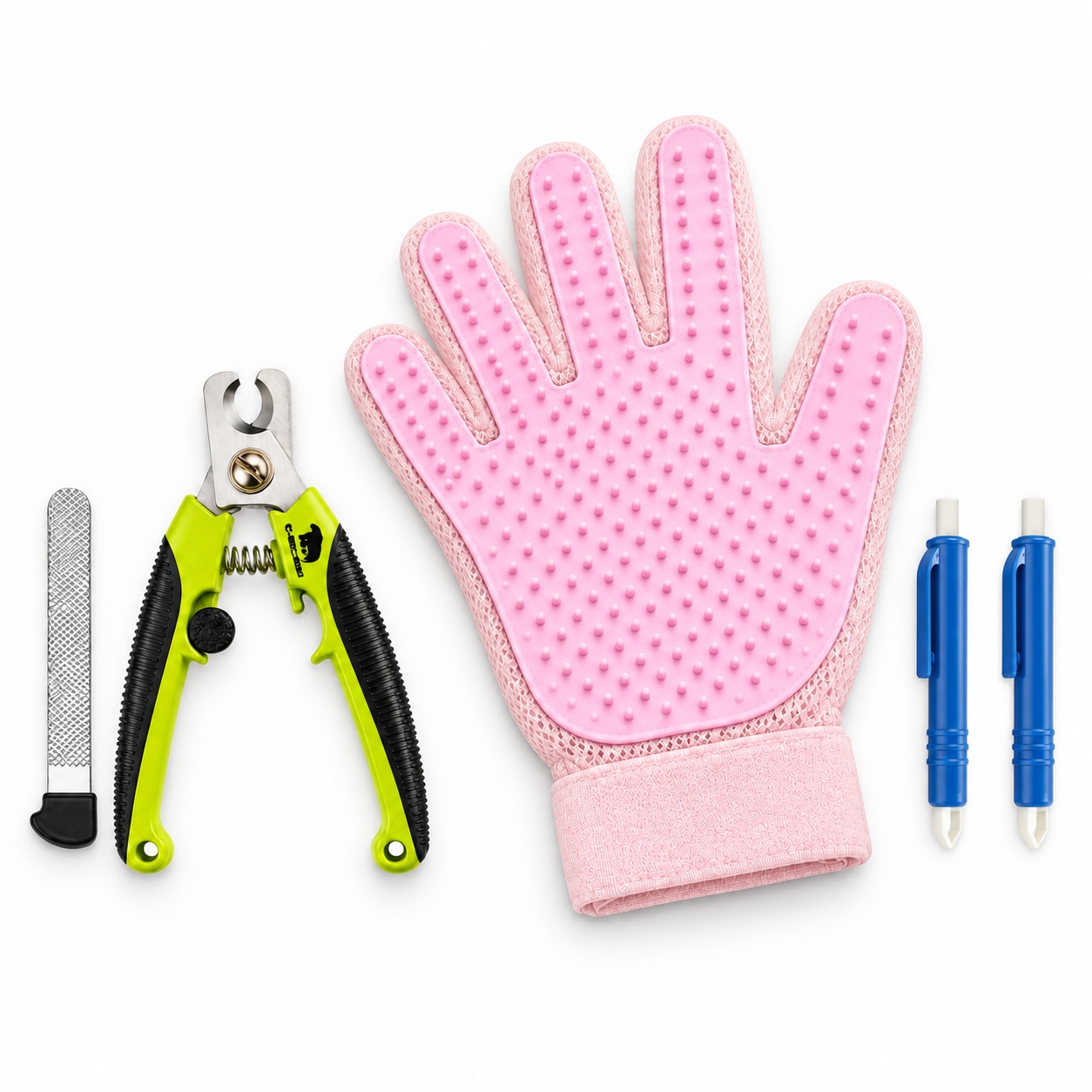 BlackBear & Professor Q Kattenverzorgingsset - Nagelknipper Groen met Vijl - Handschoen Lichtroze - 2 Blauwe Tekenpincetten