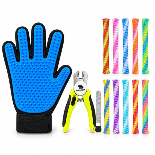 BlackBear & Professor Q Kattenverzorgingsset - Nagelknipper Geel met Vijl - Vachthandschoen Blauw - 10 Boinks Kattenspeeltjes