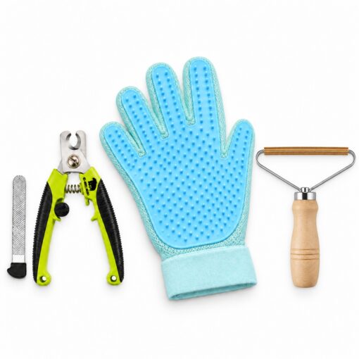 BlackBear & Professor Q Kattenverzorgingsset - Nagelknipper Groen met Vijl - Handschoen Lichtblauw - Pluizenverwijderaar