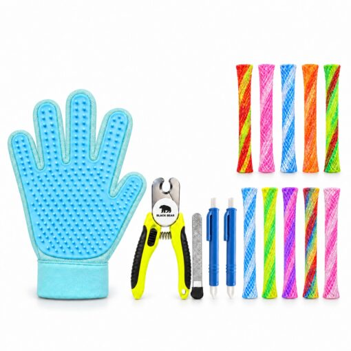 BlackBear & Professor Q Kattenverzorgingsset - Nagelknipper Geel met Vijl - Handschoen Lichtblauw - 2 Blauwe Tekenpincetten - 10 Boinks Kattenspeeltjes