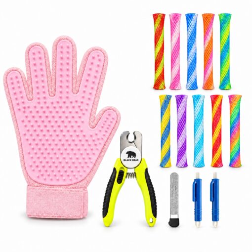 BlackBear & Professor Q Kattenverzorgingsset - Nagelknipper Geel met Vijl - Handschoen Lichtroze - 2 Blauwe Tekenpincetten - 10 Boinks Kattenspeeltjes