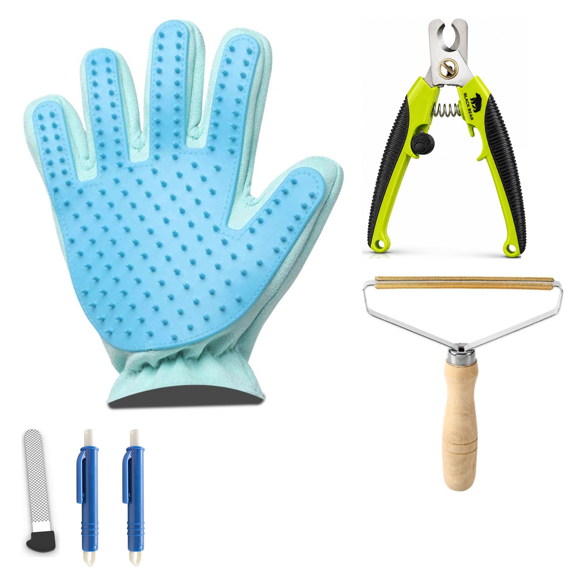 BlackBear & Professor Q Kattenverzorgingsset - Nagelknipper Groen met Vijl - Handschoen Lichtblauw - 2 Blauwe Tekenpincetten - Pluizenverwijderaar