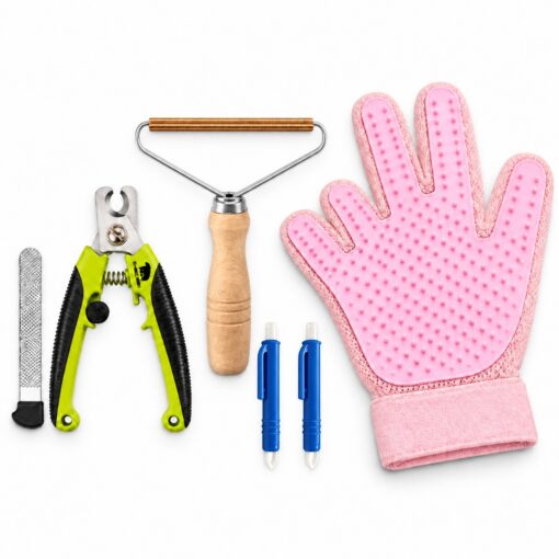 BlackBear & Professor Q Kattenverzorgingsset - Nagelknipper Groen met Vijl - Handschoen Lichtroze - 2 Blauwe Tekenpincetten - Pluizenverwijderaar