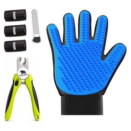 BlackBear & Professor Q Hondenverzorgingsset - Nagelknipper Geel met Vijl - Vachthandschoen Blauw - 45 Poepzakjes