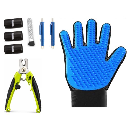 BlackBear & Professor Q Hondenverzorgingsset - Nagelknipper Groen met Vijl - Vachthandschoen Blauw - 45 Poepzakjes - 2 Blauwe Tekenpincetten