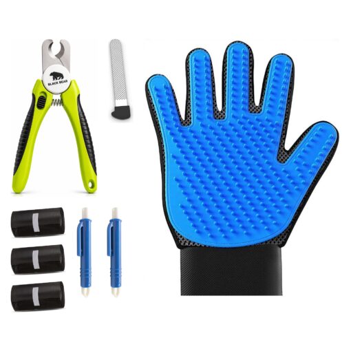 BlackBear & Professor Q Hondenverzorgingsset - Nagelknipper Geel met Vijl - Vachthandschoen Blauw - 45 Poepzakjes - 2 Blauwe Tekenpincetten