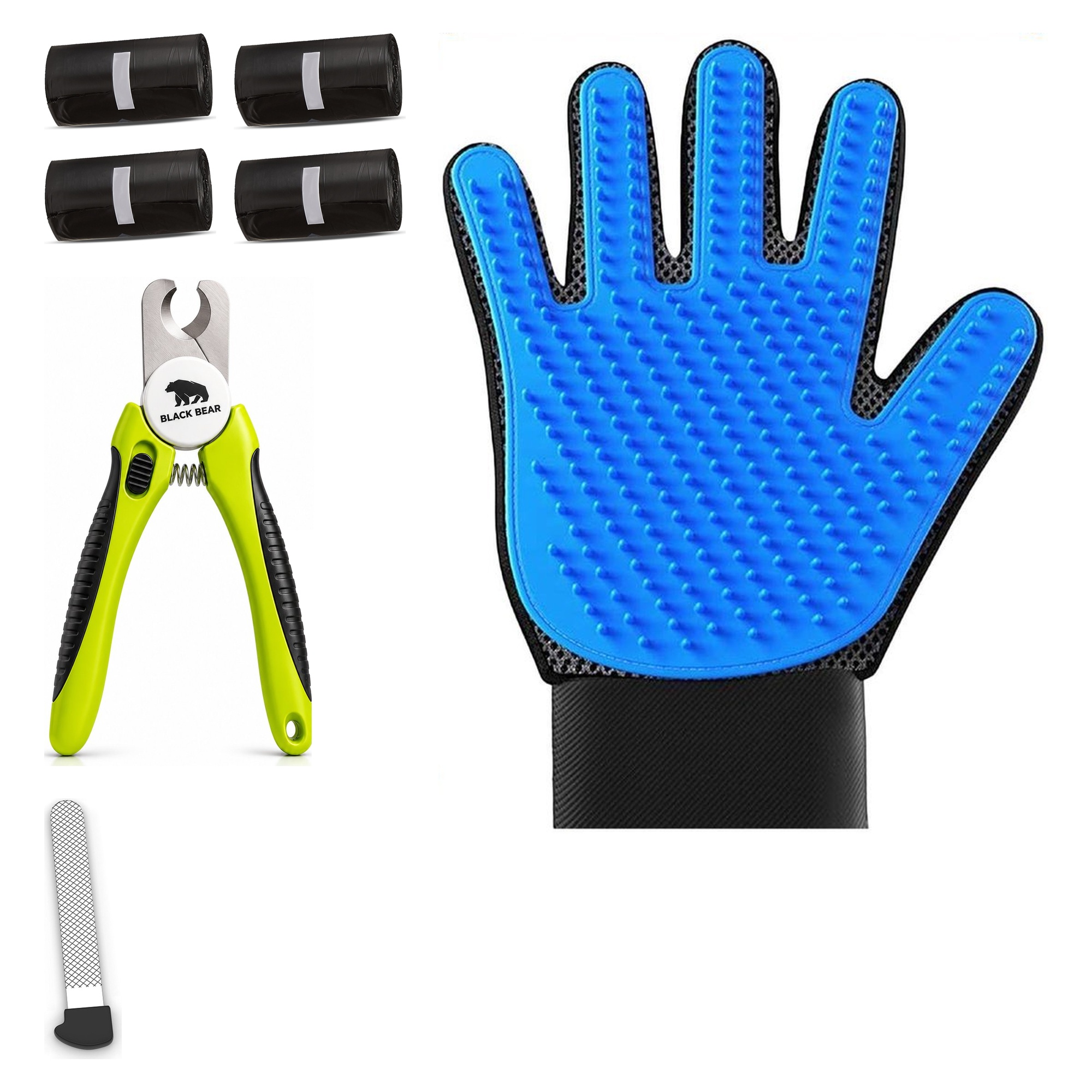 BlackBear & Professor Q Hondenverzorgingsset - Nagelknipper Geel met Vijl - Vachthandschoen Blauw - 80 Poepzakjes