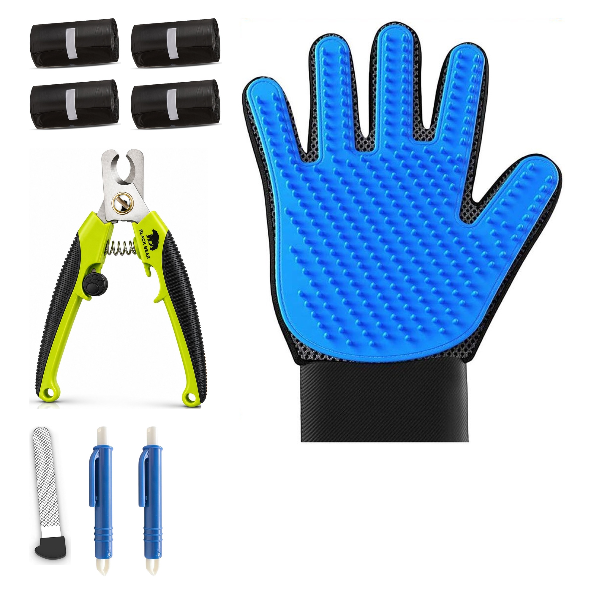 BlackBear & Professor Q Hondenverzorgingsset - Nagelknipper Groen met Vijl - Vachthandschoen Blauw - 80 Poepzakjes - 2 Blauwe Tekenpincetten