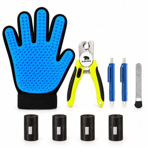 BlackBear & Professor Q Hondenverzorgingsset - Nagelknipper Geel met Vijl - Vachthandschoen Blauw - 80 Poepzakjes - 2 Blauwe Tekenpincetten