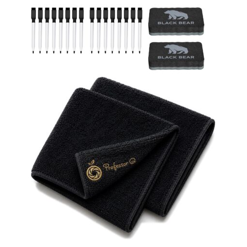 BlackBear & Professor Q Whiteboard Accessoireset - 16 Zwarte Markers - 2 Zwarte Wissers - 2 Magnetische Doeken