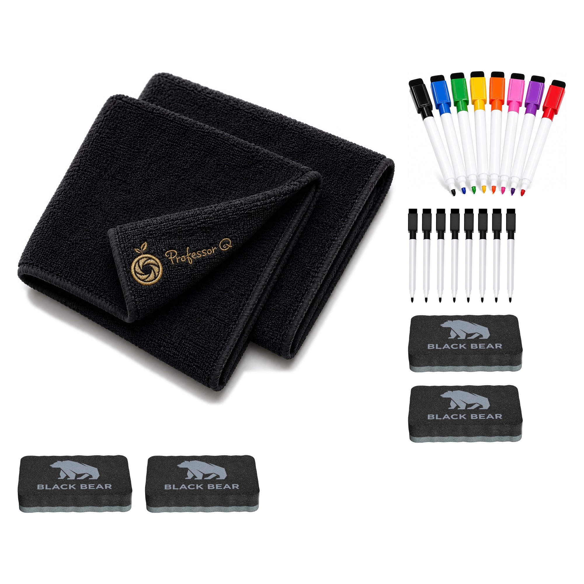BlackBear & Professor Q Whiteboard Accessoireset - 8 Zwarte Markers - 8 Kleurenmarkers - 4 Zwarte Wissers - 2 Magnetische Doeken