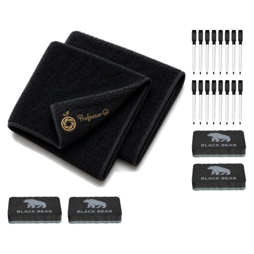 BlackBear & Professor Q Whiteboard Accessoireset - 16 Zwarte Markers - 4 Zwarte Wissers - 2 Magnetische Doeken