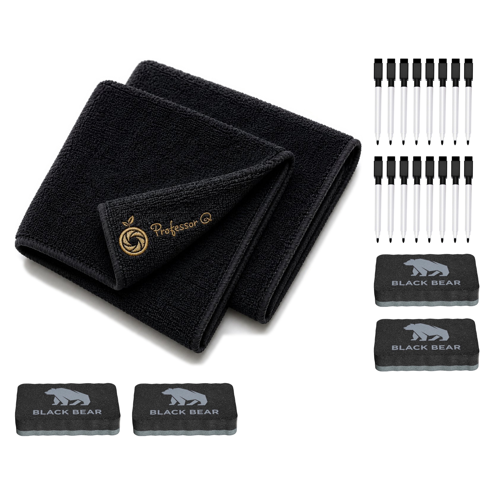 BlackBear & Professor Q Whiteboard Accessoireset - 16 Zwarte Markers - 4 Zwarte Wissers - 2 Magnetische Doeken