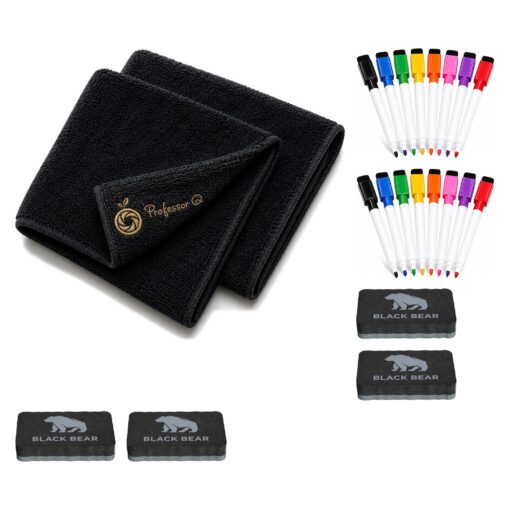 BlackBear & Professor Q Whiteboard Accessoireset - 16 Kleurenmarkers - 4 Zwarte Wissers - 2 Magnetische Doeken