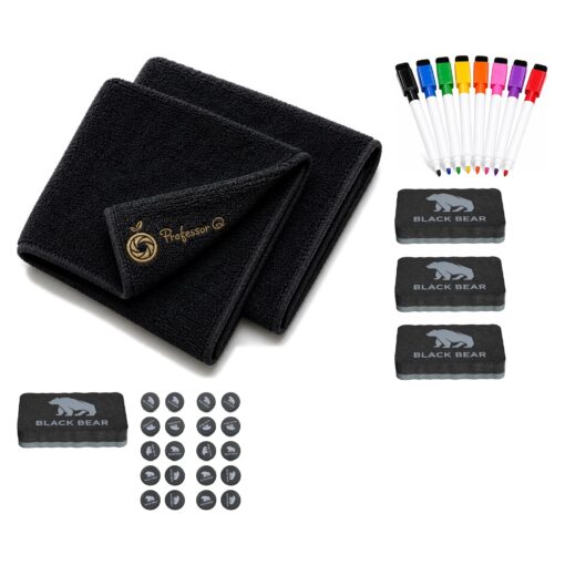 BlackBear & Professor Q Whiteboard Accessoireset - 8 Kleurenmarkers - 20 Zwarte Magneten - 4 Zwarte Wissers - 2 Magnetische Doeken