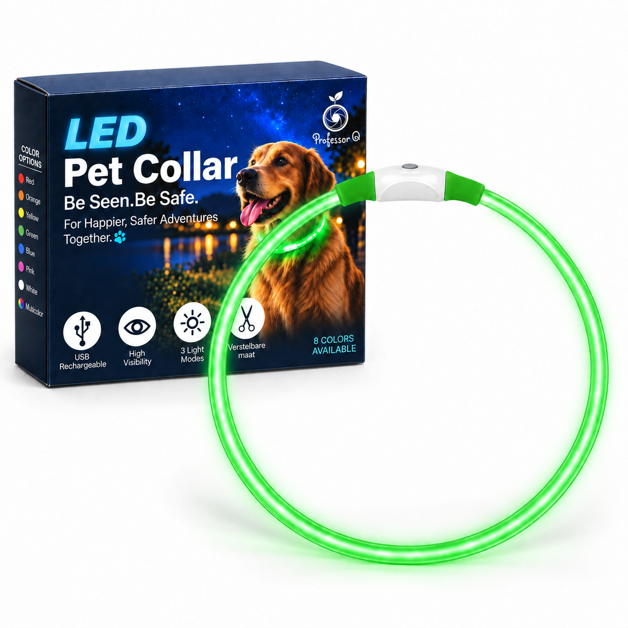 Professor Q groene LED-halsband ingeschakeld naast de LED Pet Collar-verpakking
