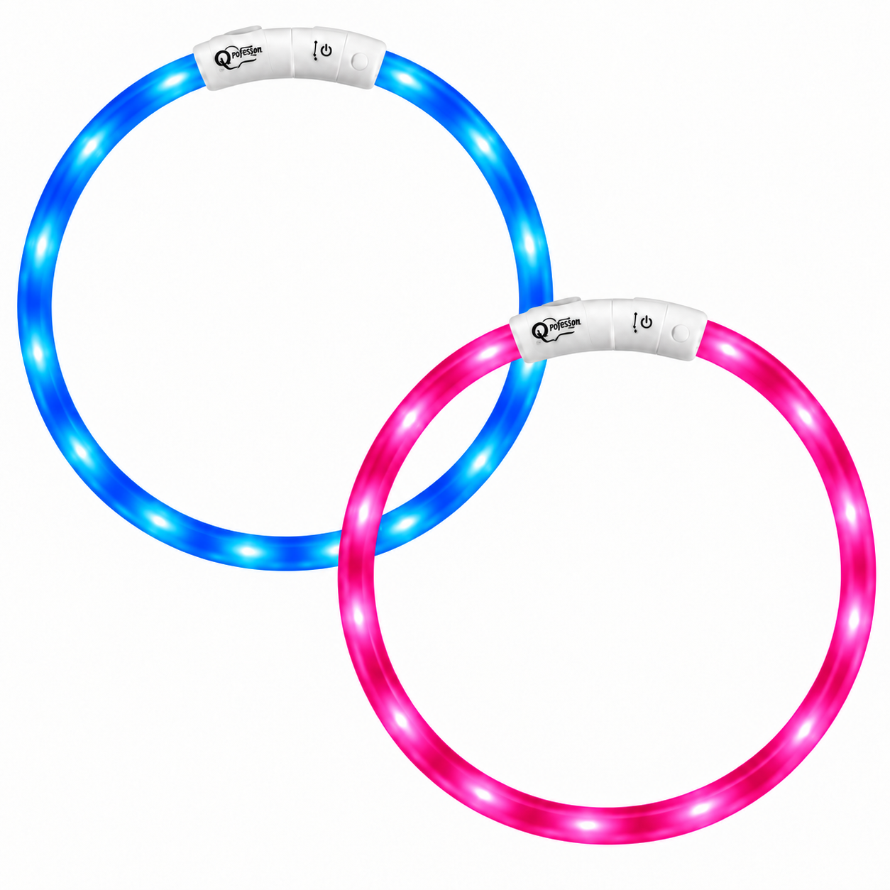 Professor Q duoset met een blauwe en roze LED-halsband, maat M 50 cm, met witte sluitingen en Professor Q-logo