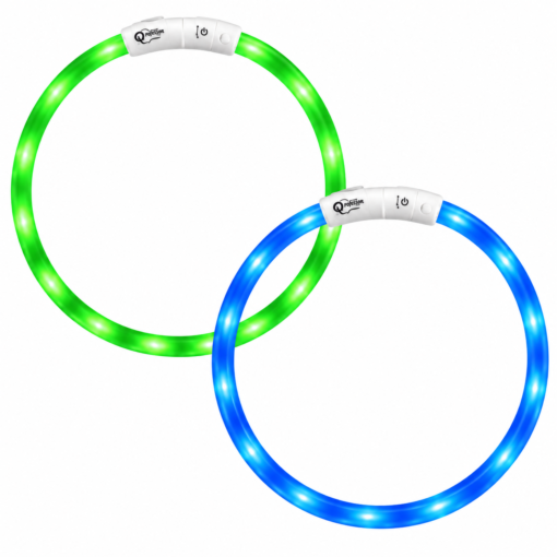 Professor Q duoset met een groene en blauwe LED-halsband, maat M 50 cm, met witte sluitingen en Professor Q-logo