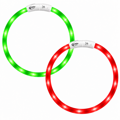Professor Q duoset met een groene en rode LED-halsband, maat M 50 cm, met witte sluitingen en Professor Q-logo