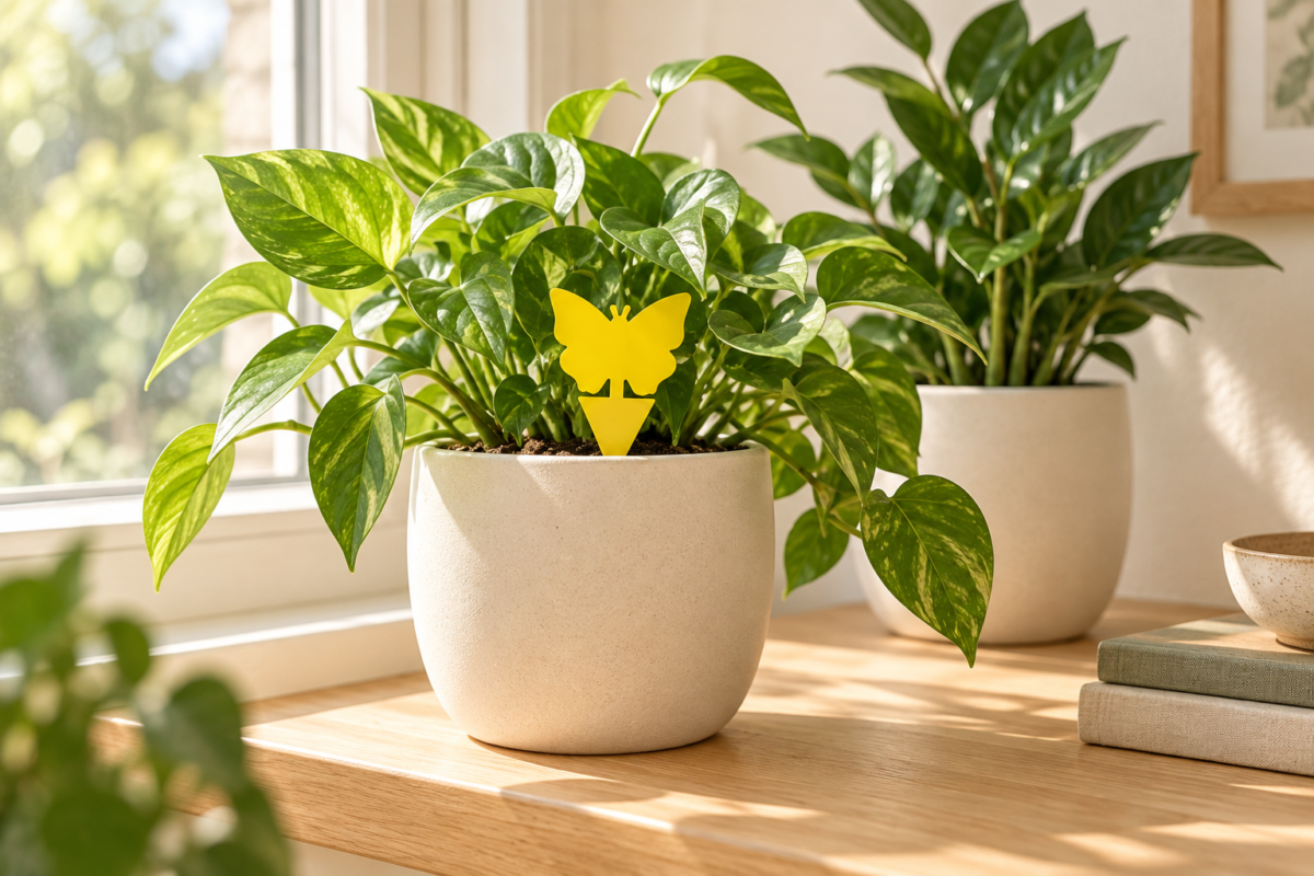 Groene kamerplant met een gele vlindervormige vangplaat op een lichte vensterbank