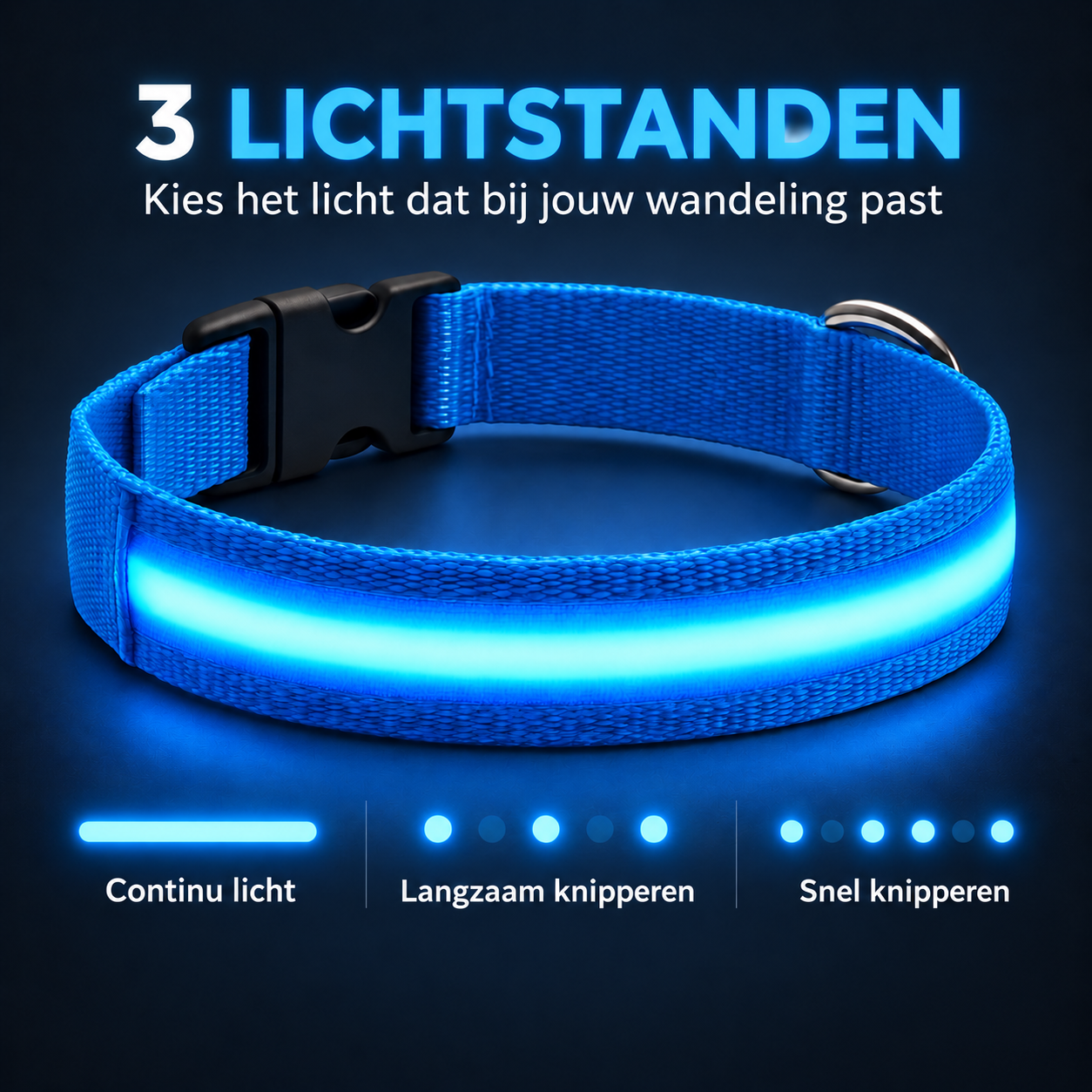 Professor Q Nylon LED-halsband voor honden – XS – 28–32 cm – blauw - detailfoto 3