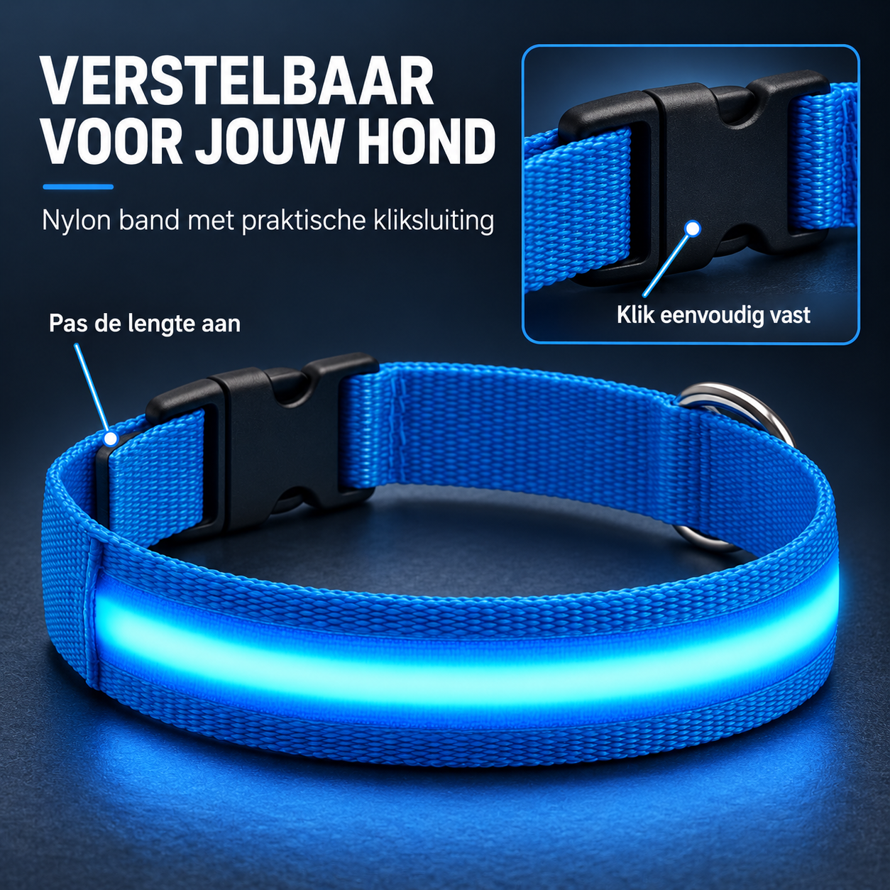 Professor Q Nylon LED-halsband voor honden – XS – 28–32 cm – blauw - detailfoto 6