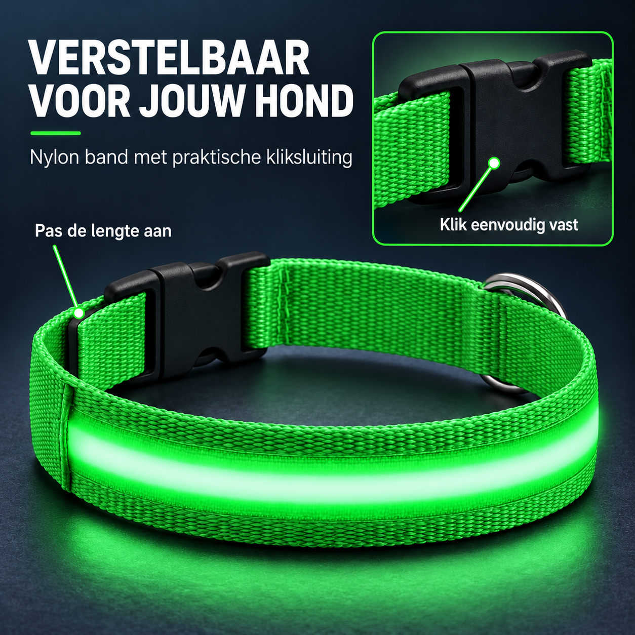 Professor Q Nylon LED-halsband voor honden – XS – 28–32 cm – groen - detailfoto 6