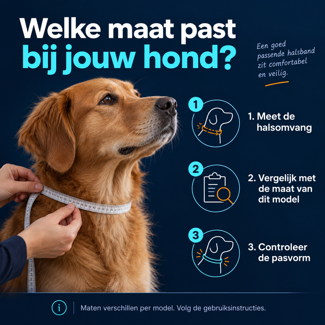 Maatadvies voor LED-halsbanden: meet de halsomvang en vergelijk de maat van het model